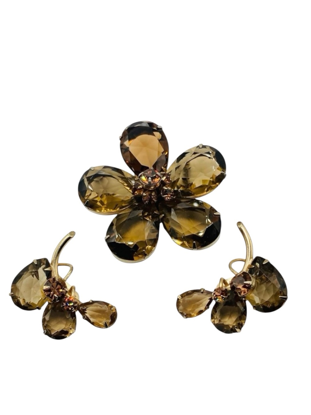 Vintage Bergere Topaz Glass Flower Brooch Clip Earrings Set